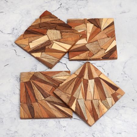 Premium Brown Wooden Tea Coasters - Pack of 4